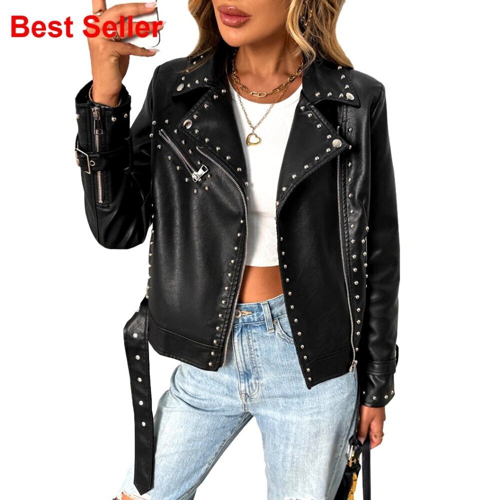 Studded Faux Leather Moto Jacket with Rivets Punk Style Biker Coat